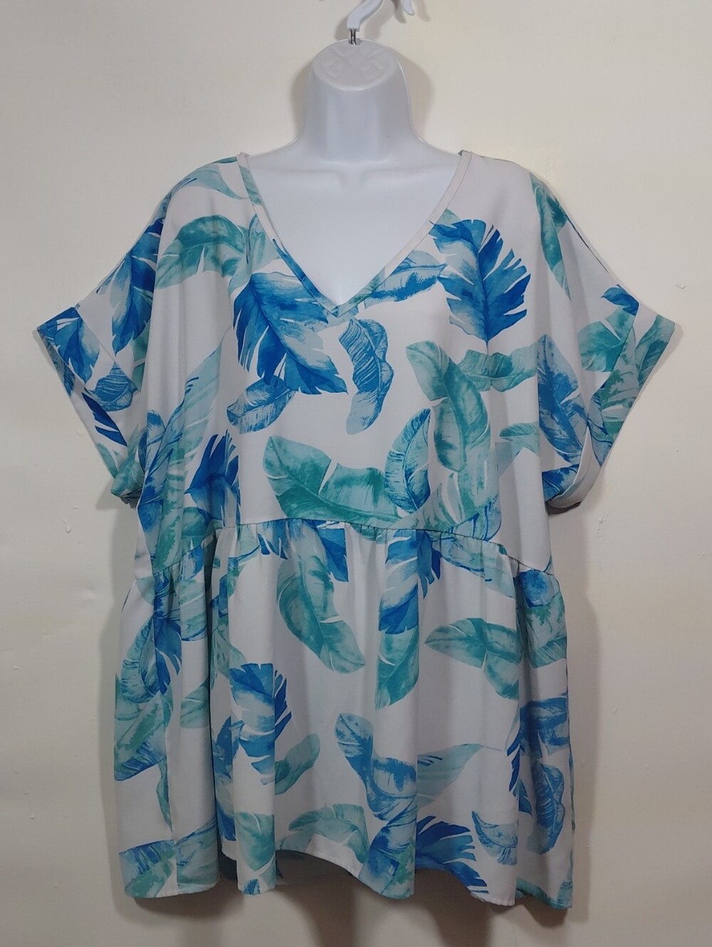 Entro Women's Blue Green Tropical Foliage Print Stretchy Tunic Top Size XL